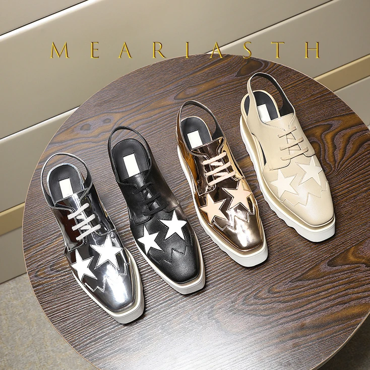 

2025 Woman Stars Shoes Women Square Toe Lace-up Thick Bottom Platform Wedge Shoes Height increasing star shoes Cut-out sandals