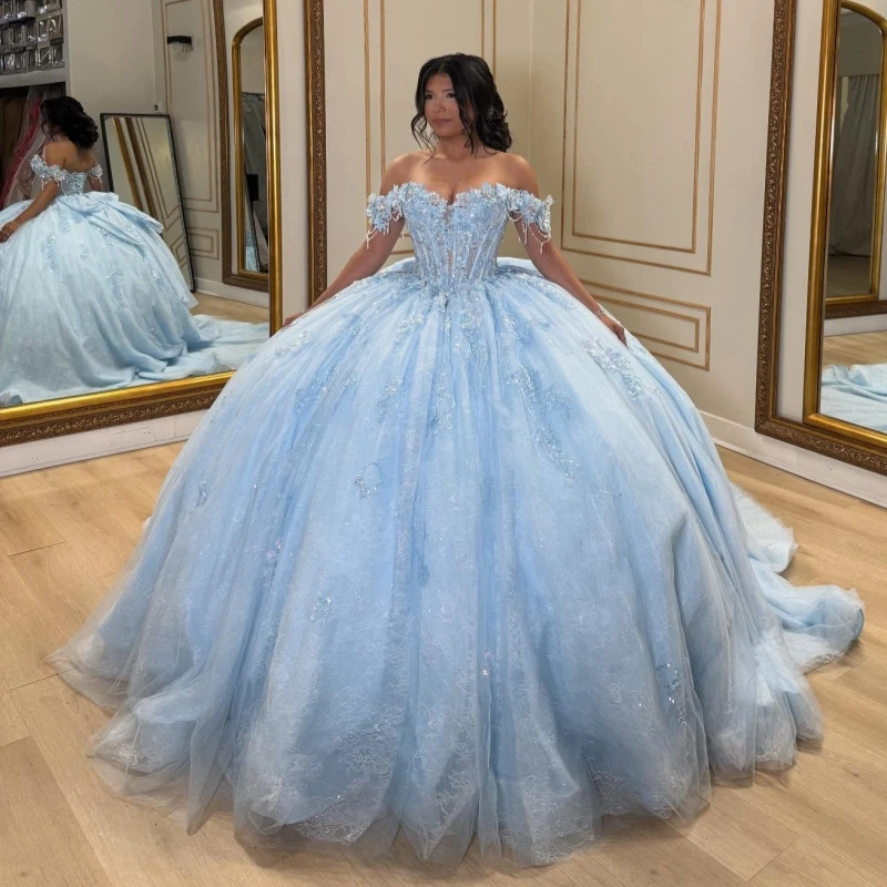 

Небесно-голубое блестящее платье Quinceanera с открытыми плечами и аппликацией из кружева с бусинами и бантом из тюля для вечеринки, дня рождения, сладкое платье 16, Vestidos 15 De