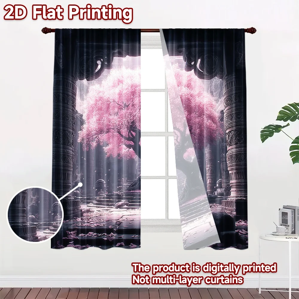 2D flat printing 2pcs Window Curtains Cherry Blossom Tree Courtyard Fantasy Digital Printed Polyester Drapes Birthday Party for