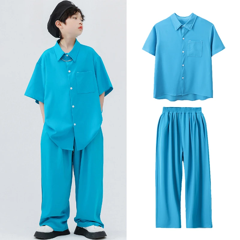 

Modern Hip Hop Dance Clothes Loose Blue Shirts Pants Summer Boys Street Wear Girls Kpop Outfit Jazz Performance Costume BL8577