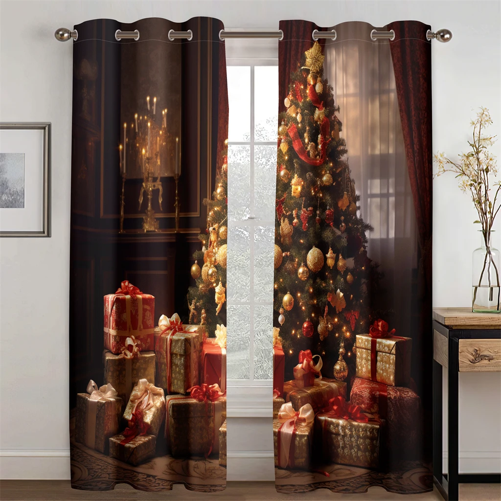 Deluxe Scene Decor Christmas Exclusive Curtains Christmas Tree Elements Living Room Bedroom Kitchen Balcony Window Decor 2 Pcs