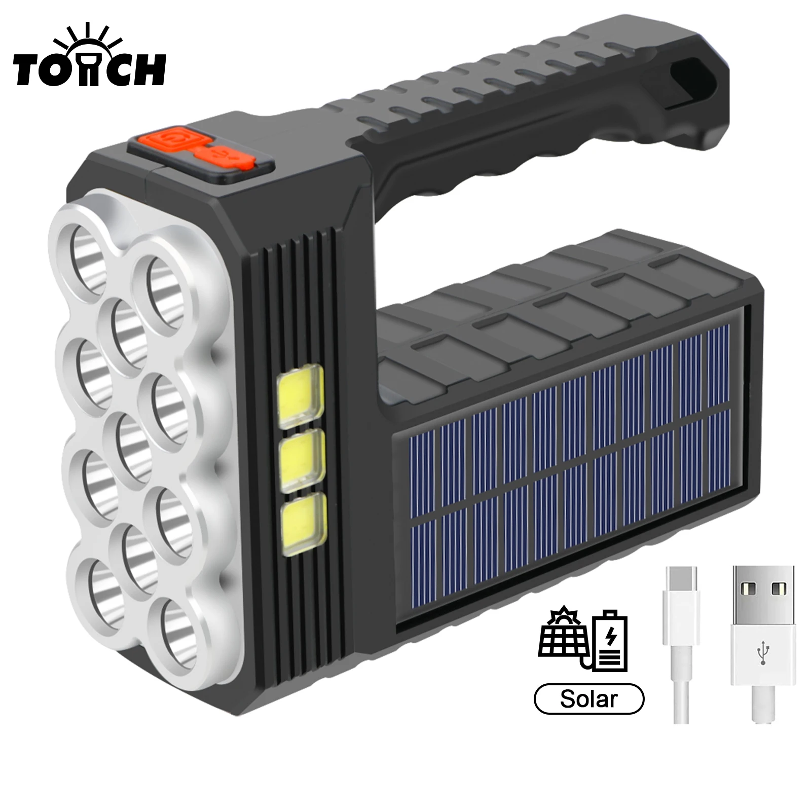 Solar Charging USB Rechargeable Flashlights LED Handheld Spotlight Portable Lightweight Searchlight for Fishing Outdoor Camping