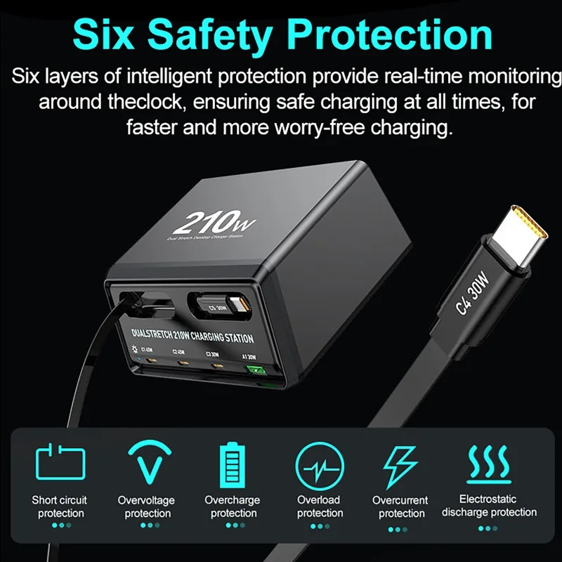 

210W All-in-One Power Hub Desktop Charging Station Charging Station with Telescopic Cables for Office And Home Phone Charger