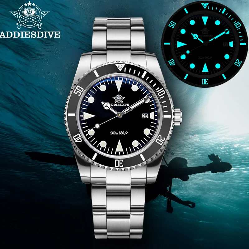 ADDIESDIVE Man Watch 39mm Ceramic Bezel Bubble Mirror Glass Waterproof 20Bar Diving Wristwatch BGW9 Luminous Quartz Watches