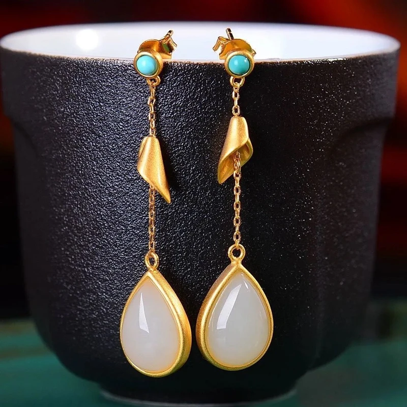 QEENKISS 24KT Gold Vintage Water Drop Stud Earrings For Women Fine Wholesale Jewelry Wedding Party Bride Lady Mother Gift EG5242