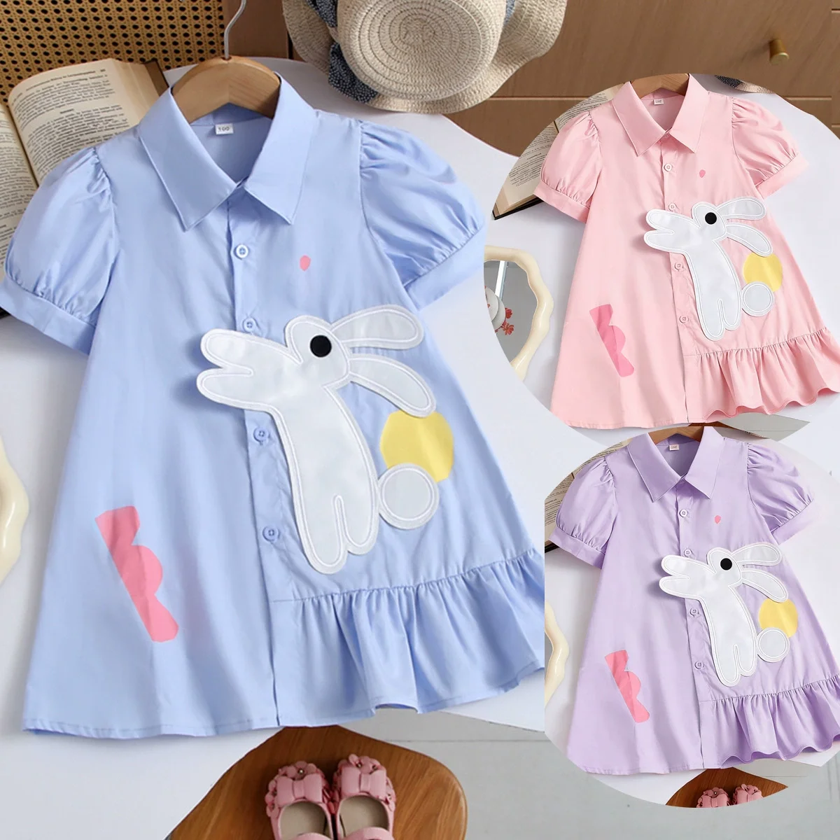 Niedliches Häschen-Cartoon-Kleid für Mädchen – kurzärmliges T-Shirt-Kleid aus Baumwolle für den Alltag. Kinderkleider für Mädchen
