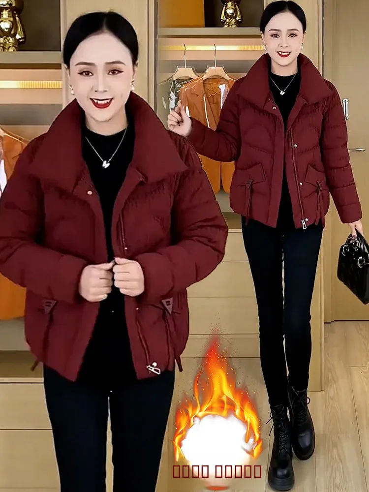 

Thiened down Cotton Jaet Women's Winter New Sle Casual Warm Coat Korean Mom Clothes Long Sve Zipper Pure Color