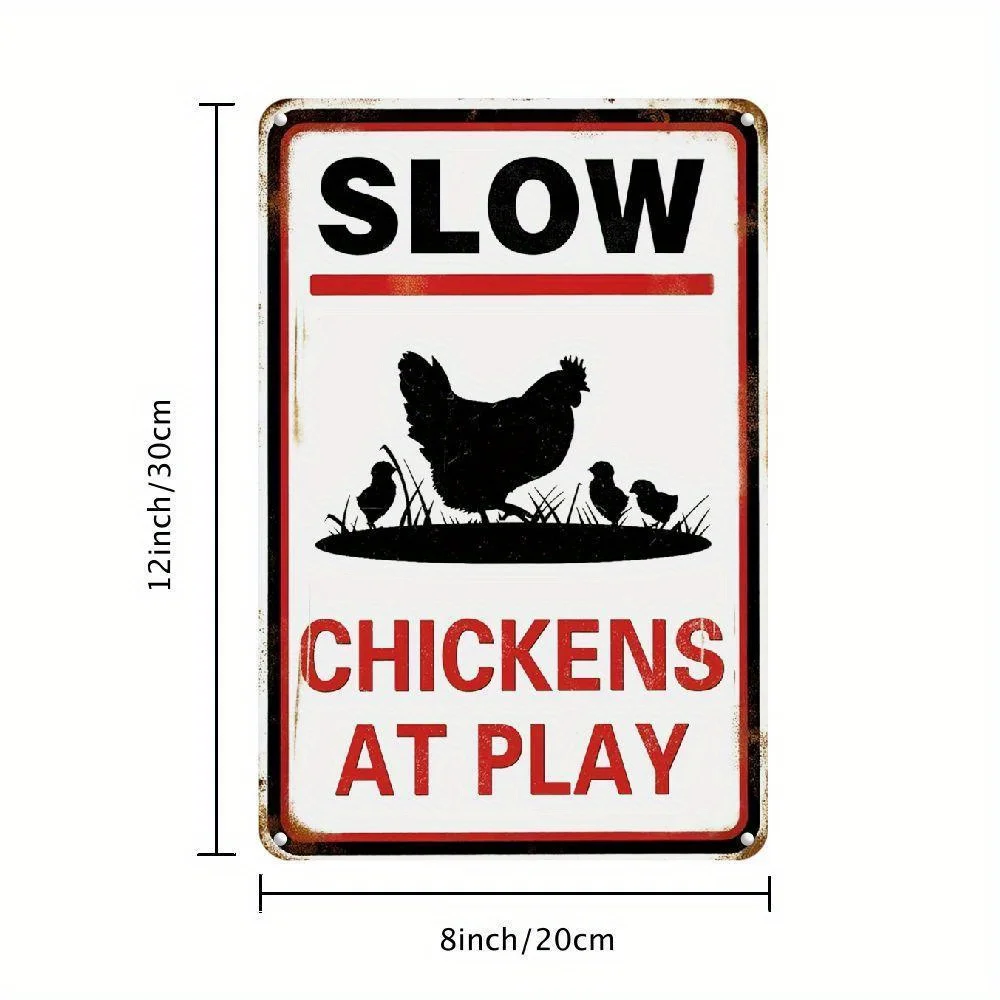 Polli lentos al gioco Segnale di avvertimento Divertente cartello di avvertimento di sicurezza in fattoria Decorazione da parete in metallo vintage Novità Pollo in fattoria