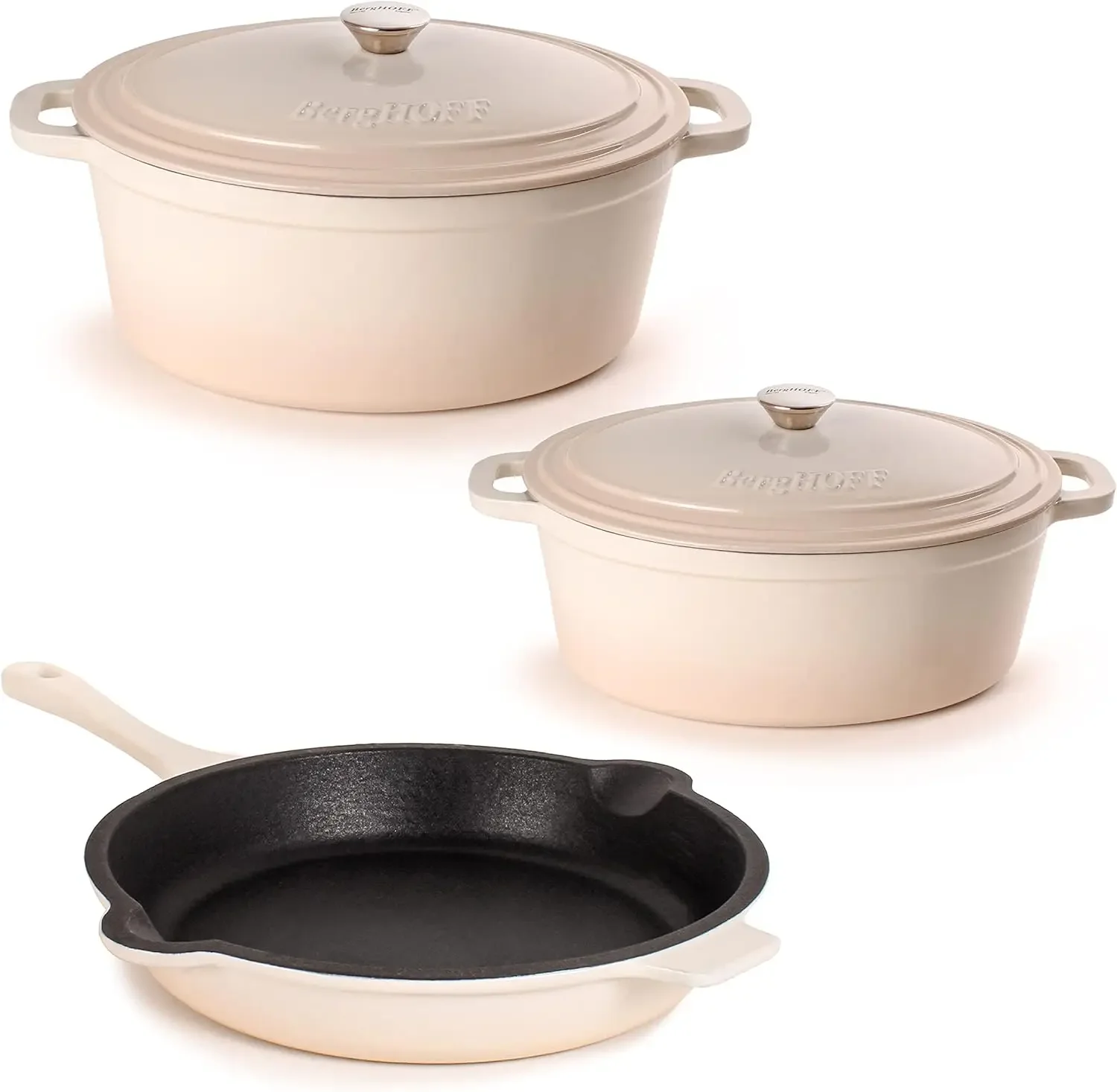 Neo 5Pc Enameled Cast Iron Cookware Set 5qt. 8qt. Dutch Ovens Matching Lids, Fry Pan 10 Inches Fast Evenly Heat