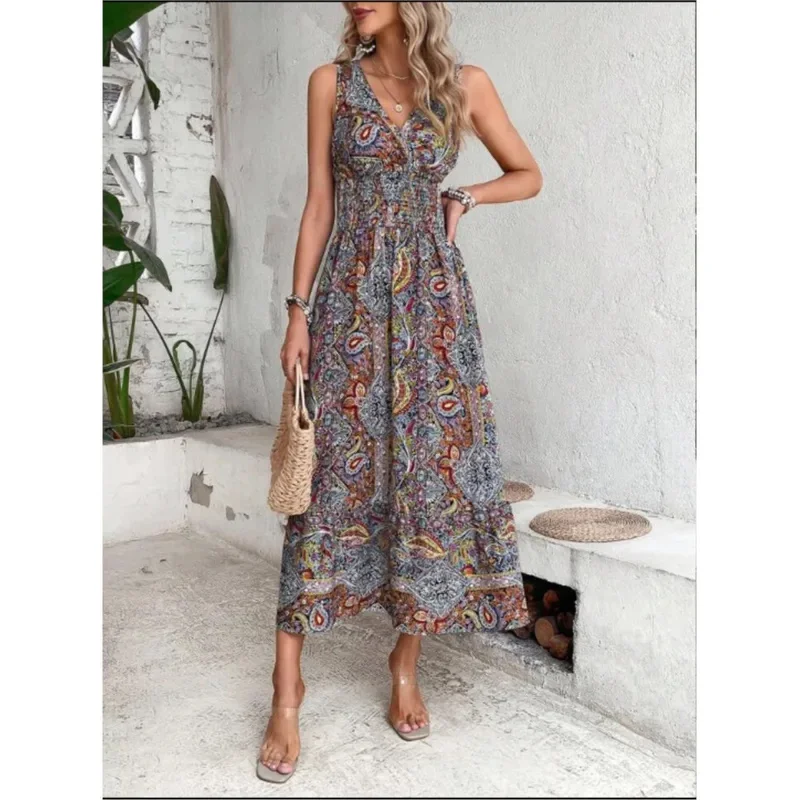 Новинка 2023 года, летнее платье в стиле бохо, женское модное пляжное платье без рукавов с принтом, элегантное повседневное праздничное женское платье DreBear House 002