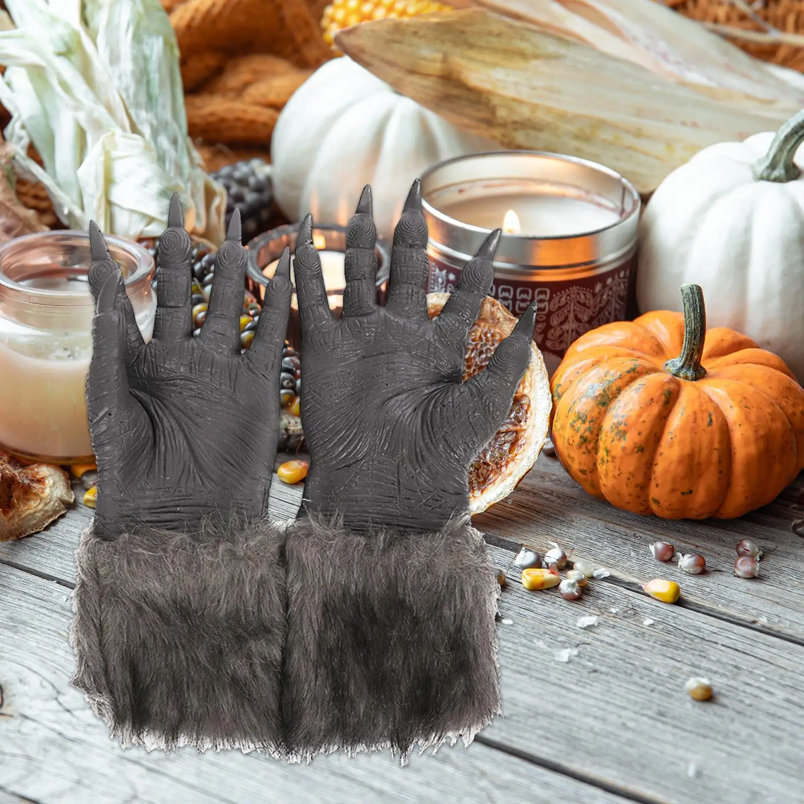 Werewolf Gloves Grey Carnival Costume Accessory Long Nails Animal Cosplay Scary
