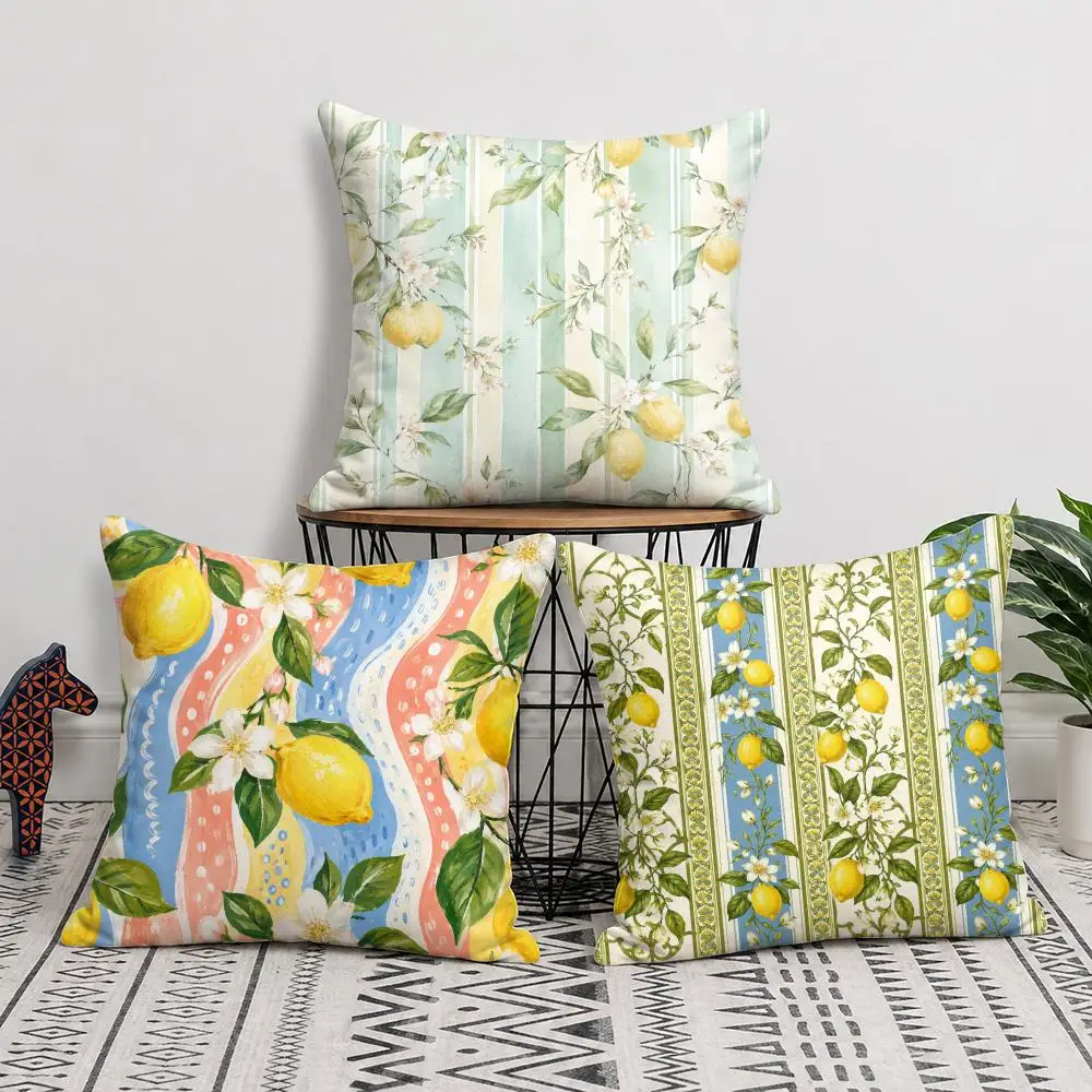 Lemon Fruit Striped Cushion Cover Short Plush Soft Double-Sided Printing Pillow Case Cozy Sofa Bedroom Home Decor Gift