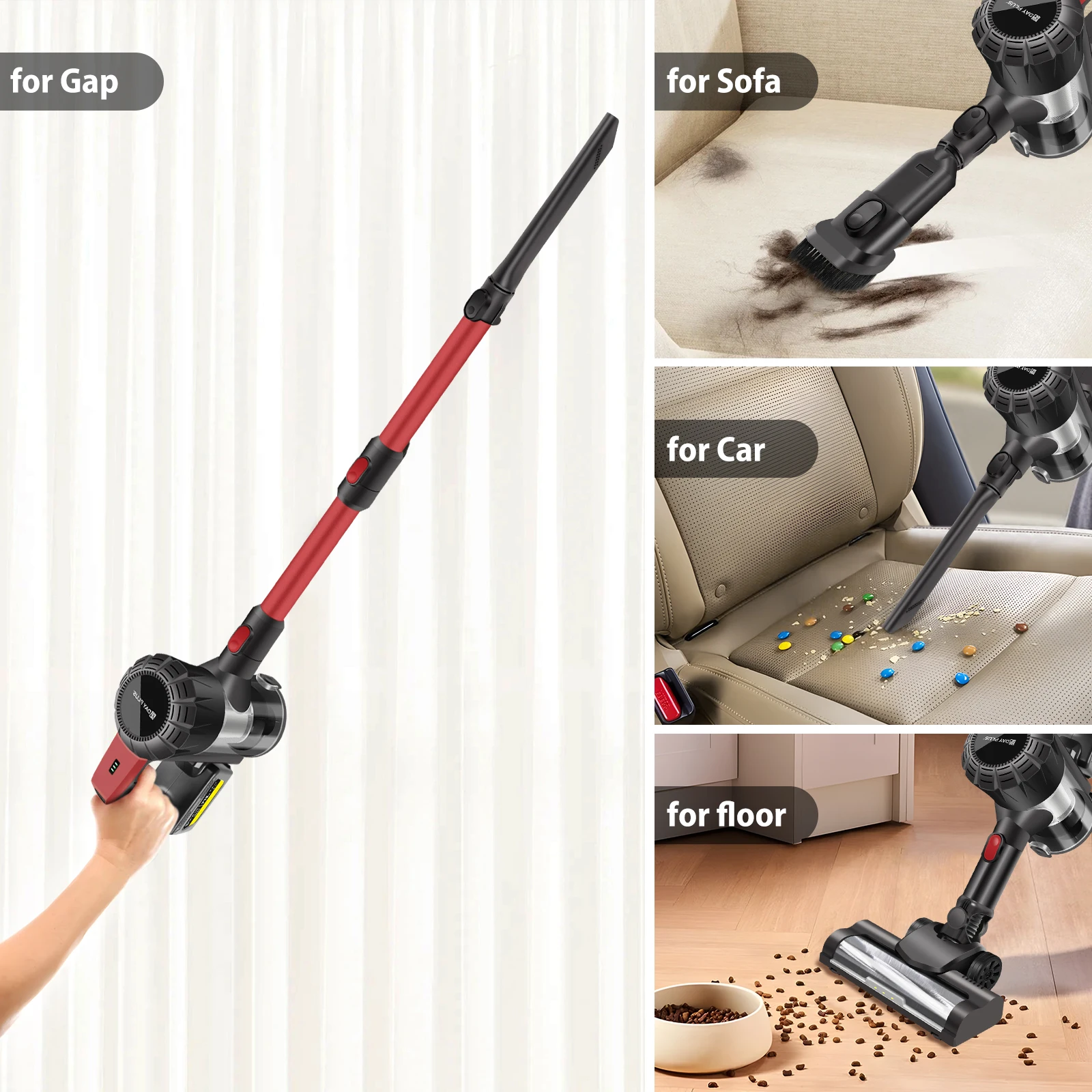 BRIEFNESS 6 في 1 مكنسة كهربائية لاسلكية 20000Pa شفط قوي مصباح ليد قابلة للشحن لشعر الحيوانات الأليفة الخشب الصلب سيارة السجاد جدار جبل الأحمر