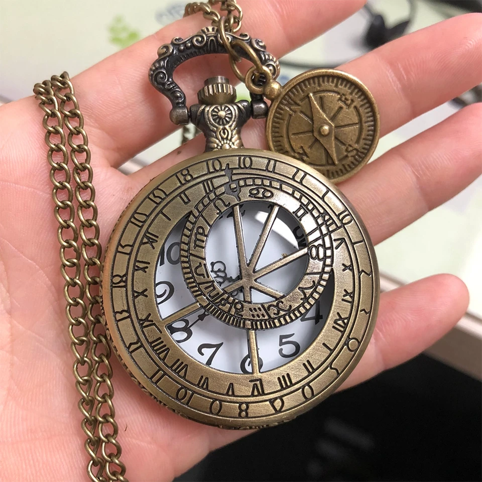 Hollow Retro Astronomical Compass Geometry Prague Design Quartz Pocket Necklace Watch Pendant Chain Clock with Compass Accessory