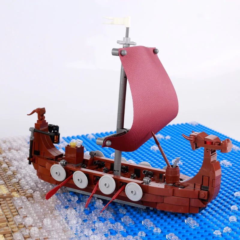 MOC Medieval Military Wars Trireme Battleship Viking Longship Building Blocks Set Sodiers Figures Boat Sailboat Toy For Children