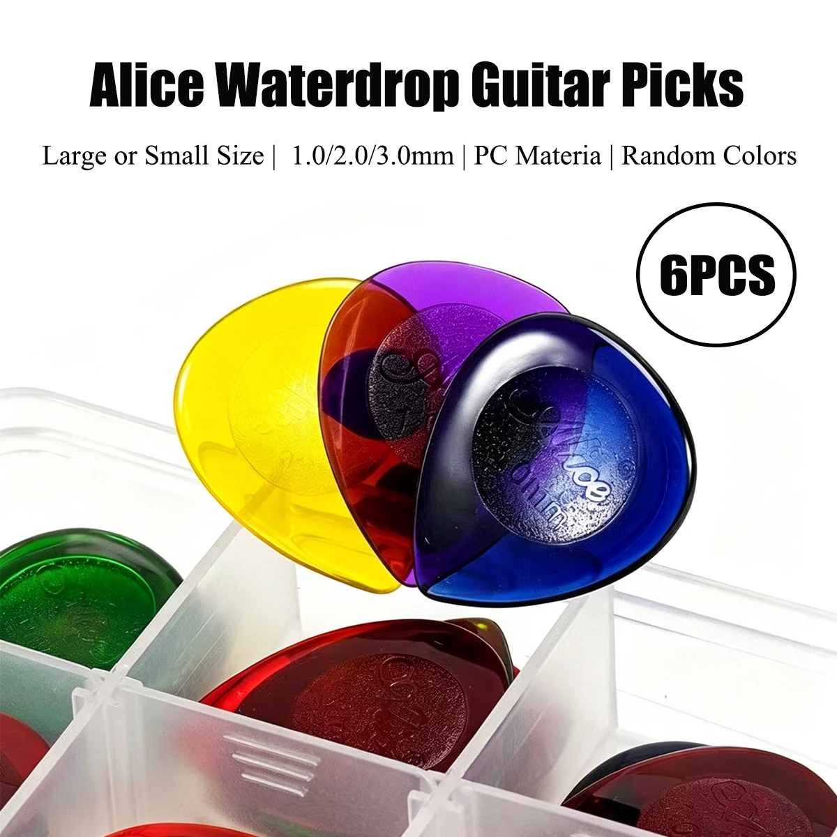 Alice 6Pcs Waterdrop Guitar Picks – Large/Small Size, 1.0/2.0/3.0mm Thickness, Concave Grip Design, Random Transparent Colors