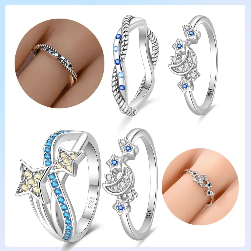 Ring aus Sterlingsilber, 925er vergoldet, Stern- und Mondserie, ineinander verschlungene Sternenhimmel-Ringe für Damen, hochwertiger edler Schmuck, Hochzeitsgeschenk