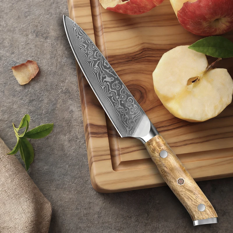 5.2-inch Utility Knife Damascus Steel, Super-Sharp Blade, Multi-Purpose, Kitchen Chef Fruit Knife Figured Sycamore Wood
