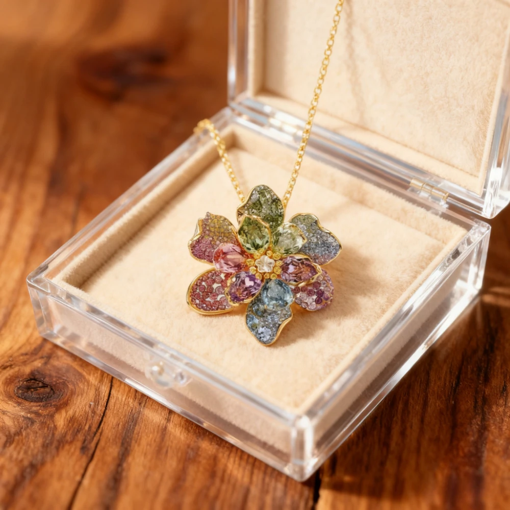 

2025 Trendy Jewelry Gorgeous Necklace with Shining Golden Flowers and Rainbow-colored Crystals