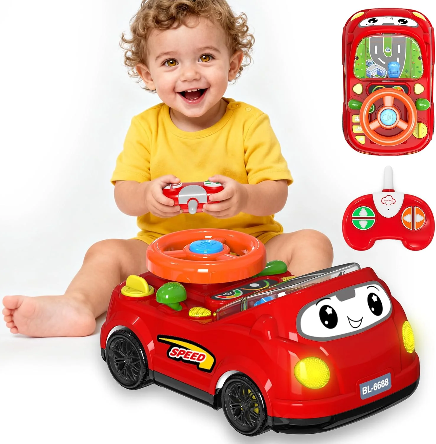 

2-in-1 RC Car & Steering Wheel Toy, Musical Toddler Car, Interactive Simulation Driving Toys for 18+ Months Baby Learning, Gift