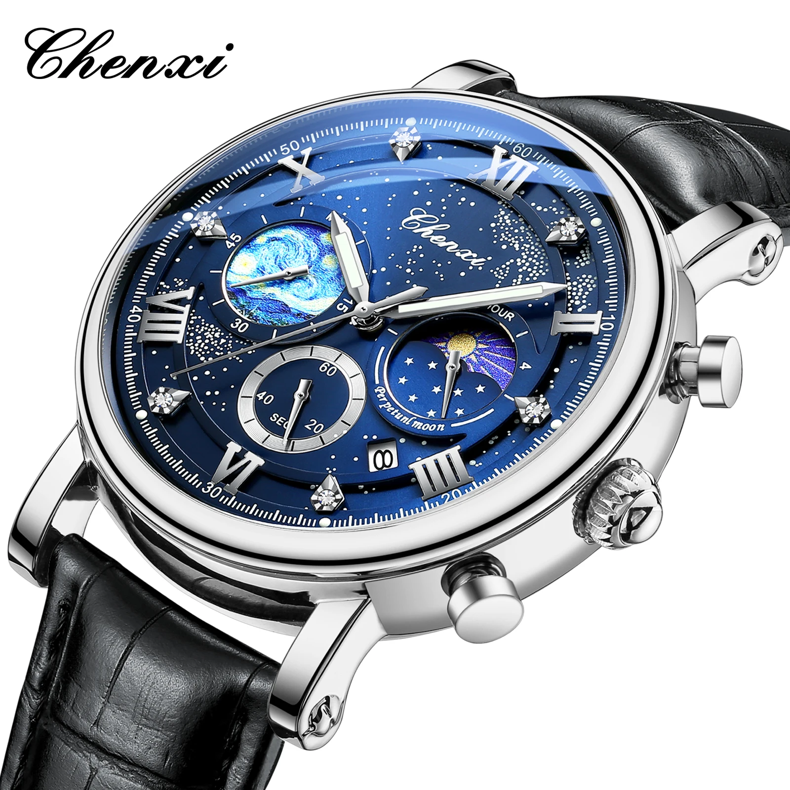 Chenxi 972 Sun Stars Stopwatch Multi-function Fashion Men's Moon Phase Timing Calendar Quartz Watch Clock Man reloj hombre