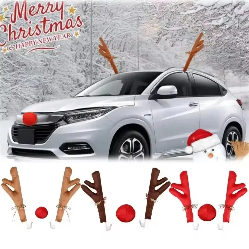 1-2PCS Christmas Reindeer Antlers Rudolph Red Nose Car Decoration Costume Accessory Set Holiday Party Christmas Decor
