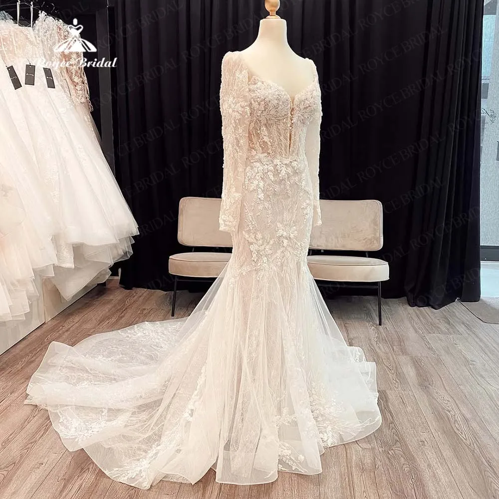 

Roycebridal Long Sleeves Lace Mermaid Wedding Dress 2026 Exquisite Sequined Beading Bride Dress Vestidos De Novia Customized