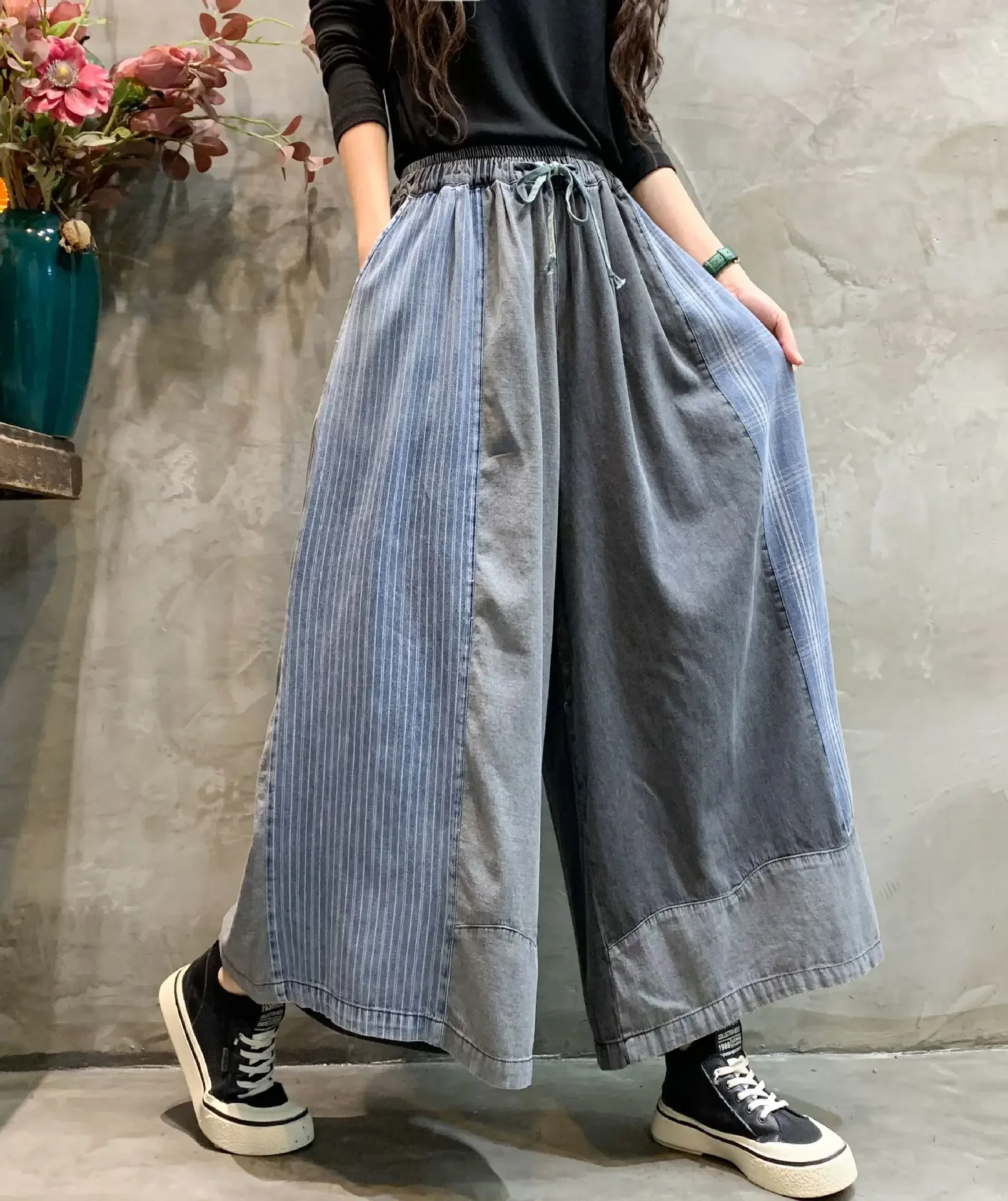 Women\'s Vintage Patchwork Cotton Linen Long Skirt, Japanese Style, Mori Girl, Elastic Waist, Lace Plaid Skirts, Loose A-line Ski