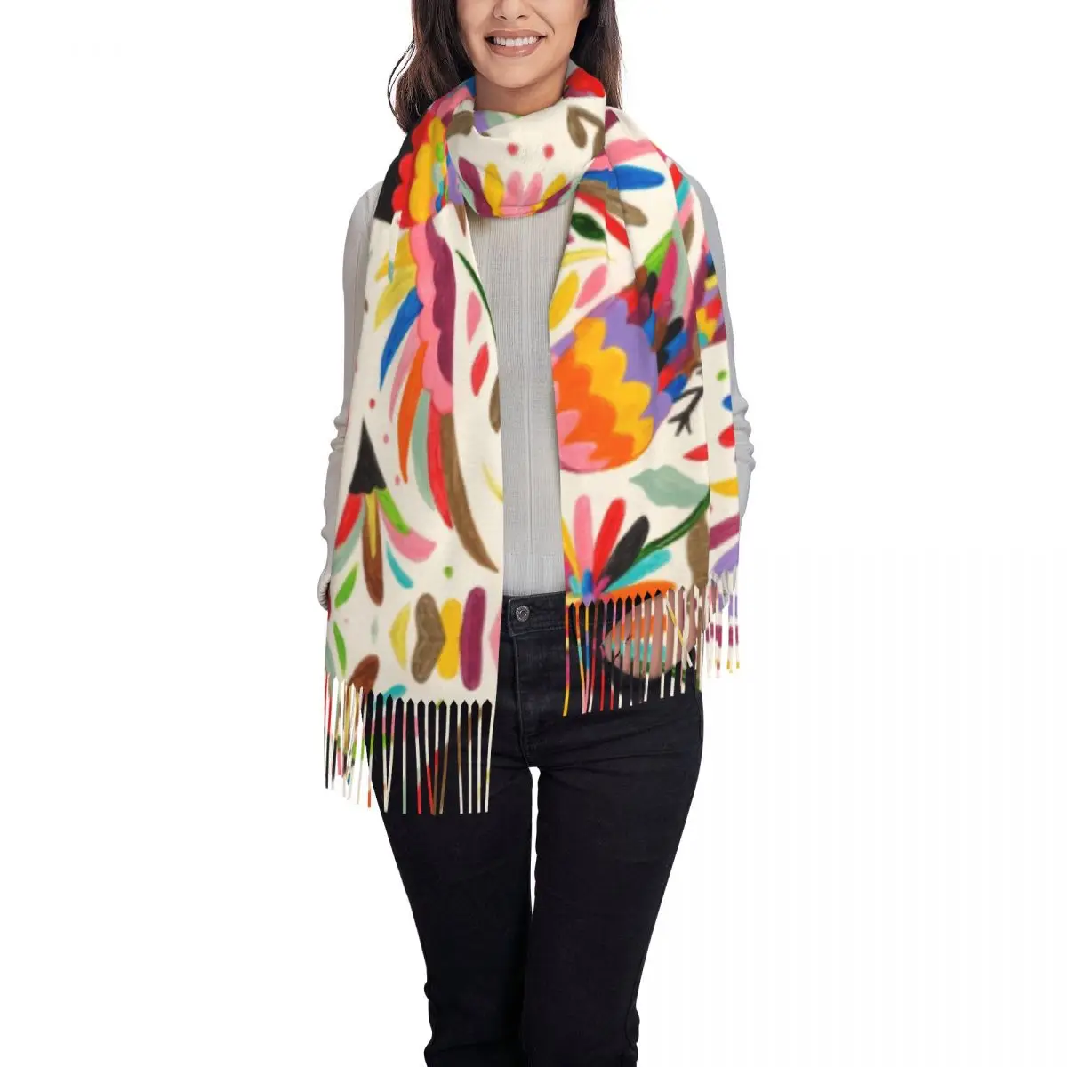 Mexican Otomi Birds Scarf Wrap for Women Long Winter Warm Tassel Shawl Unisex Flowers Floral Mexico Scarves