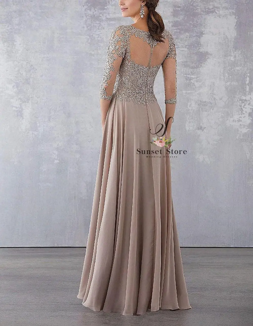 Customized  Lace Applique Beaded Mother of the Bride Dresses Elegant Three Quarter Sleeve Long Chiffon Evening Formal Mother Dre