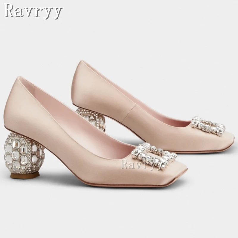 

Fashion Square Head Diamond Button Diamond Heel Single Shoes Thick Heel Banquet Wedding Daily Wear Women's Pumps