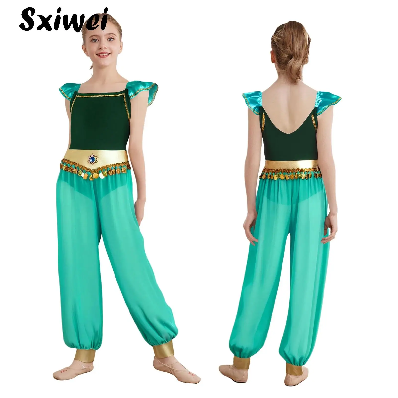 

Kids Girls Arabian Princess Costume Flying Sleeve Tulle Sequins Bodysuit Belly Dance Jumpsuit Halloween Carnival Party Dress Up