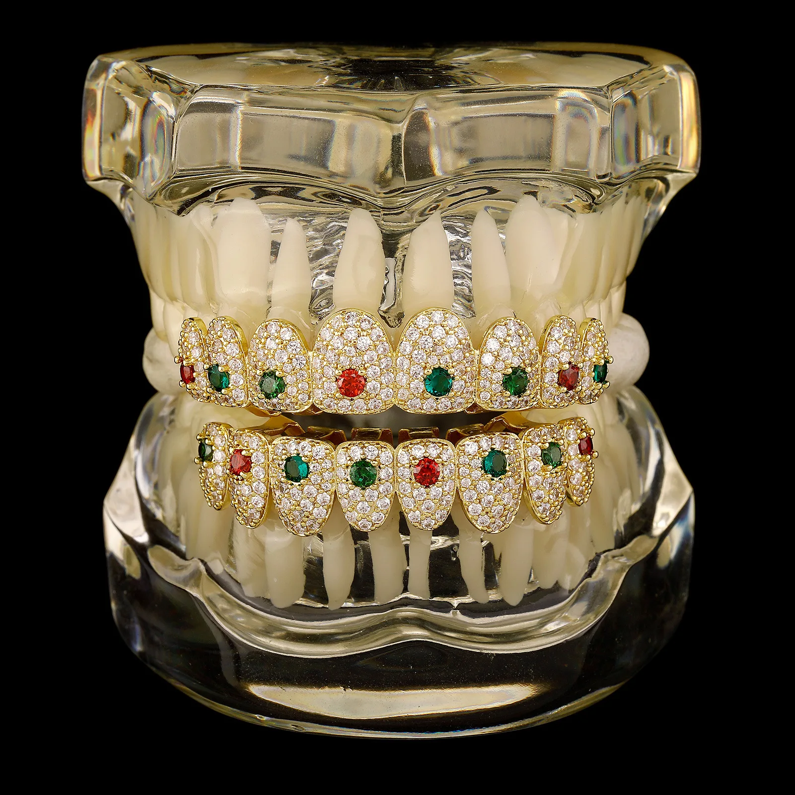 RACHELZ Hip Hop Full CZ Stone Teeth Grillz Gold Silver Color Red Green Zircon Crystal Tooth Caps For Women Men Halloween Gift