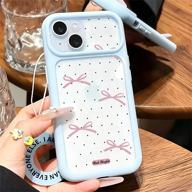 Sweet Pink Bow Black Dot Transparent Phone Case, Anti-Slip Large Window Protective Shell For iPhone