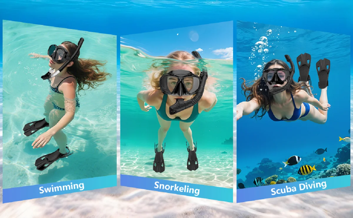 Maskenflossen, Schnorchelset, 4-in-1, Panoramablick, Trockenoberteil, verstellbar, kurze Tauchflossen, Reisetasche, Tauchausrüstung, Tauchen, Schwimmen, Erwachsene – Detail 8