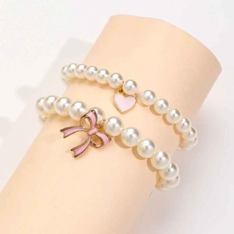 طقم سوار بدلاية وردية الشكل على شكل قلب وقلب ، طراز باليه لطيف ، مطرز باللؤلؤ الصناعي ، مجوهرات قابلة للتمدد ، الموضة ، 2 في كل طقم