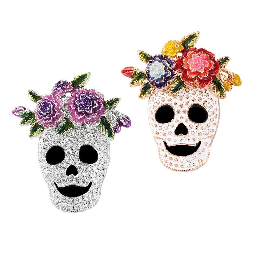 Day of The Dead Floral Skull Brooch Colorful Flower Sugar Skull Pin Gothic Halloween Badge Vintage Clothes Decor Holiday Party