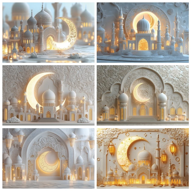 Eid Photography Backdrop Mosque Islamist White Moon Lamp Mubarak Ramadan Family Party Decoration Portrait Photo Background