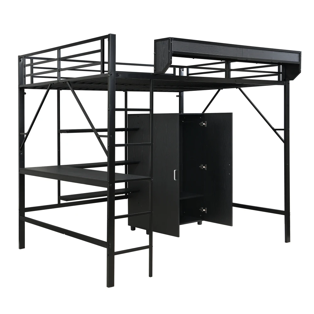 PINGGO Eisen-Hochbett mit Schreibtisch, Doppelstauraum, Kleiderschrank, Eisen-MDF, Schwarz, 140x200cm, ohne Matratze – Detail 14