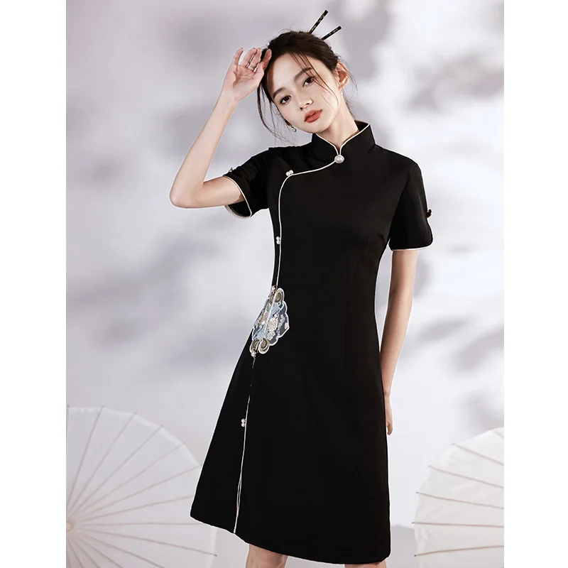 Black Chinese Traditional Cheongsam Embroidery Women Dress Handmade Button Short Sleeve Vintage Summer Fashion Qipao