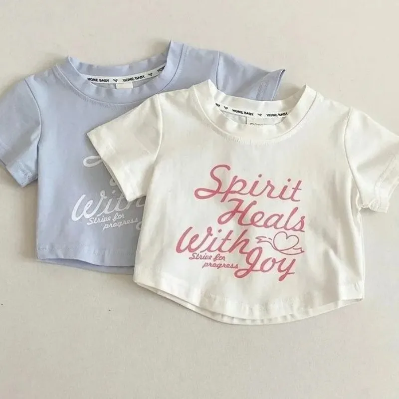 

Girls Summer Crop Top New Arrival 100% Cotton High Waist White Short Sleeve T-Shirt Kids Toddler Fashion Basic Tee