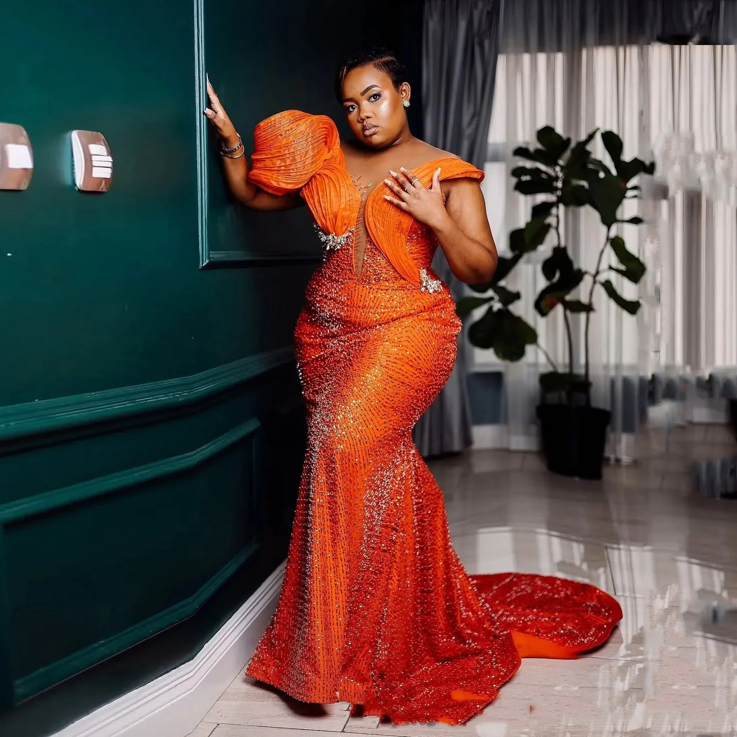 

Оранжевое платье для выпускного вечера Aso Ebi на заказ, плиссированные вечерние платья с блестками и плечами, блестящие кружевные вечерние платья с бисером