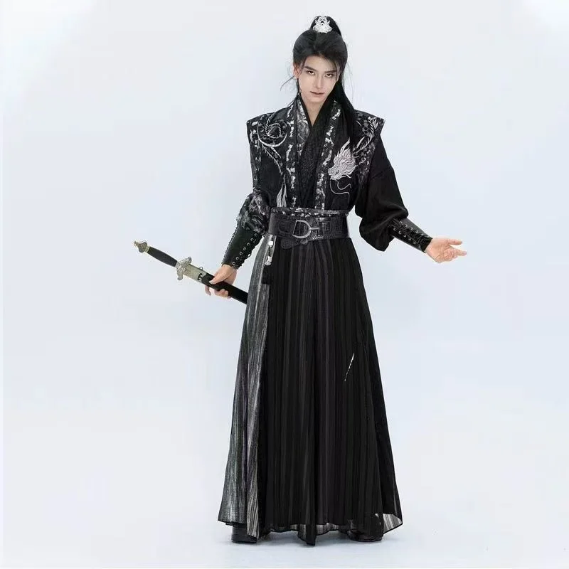الظلام الأسود التنين التطريز Hanfu الرجال سلالة تانغ عبر طوق Beizi تنورة خمر الصينية فنون الدفاع عن النفس الملابس تأثيري الذكور #5