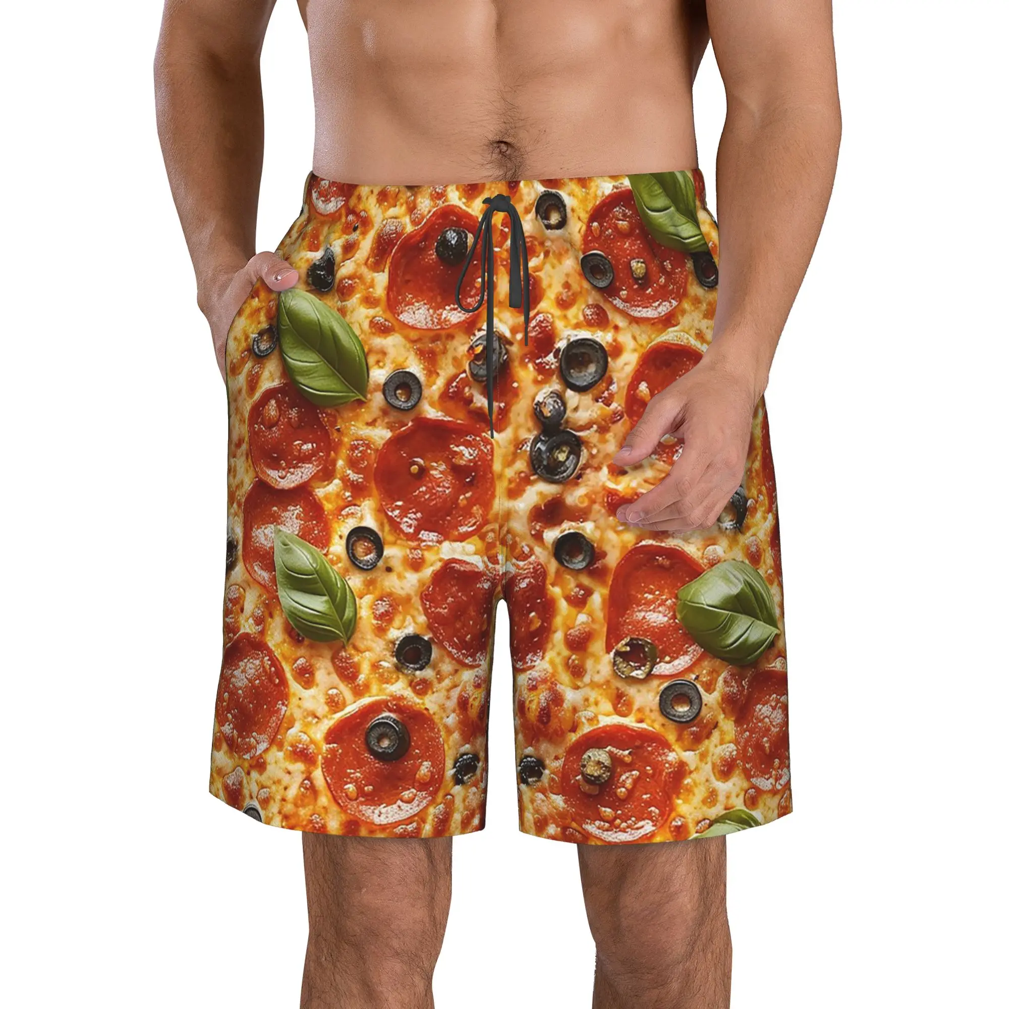 Pizza Covered in Round Meat Slices Trunks Beach Board Shorts Casual Quick Dry Swim Summer Men Pants