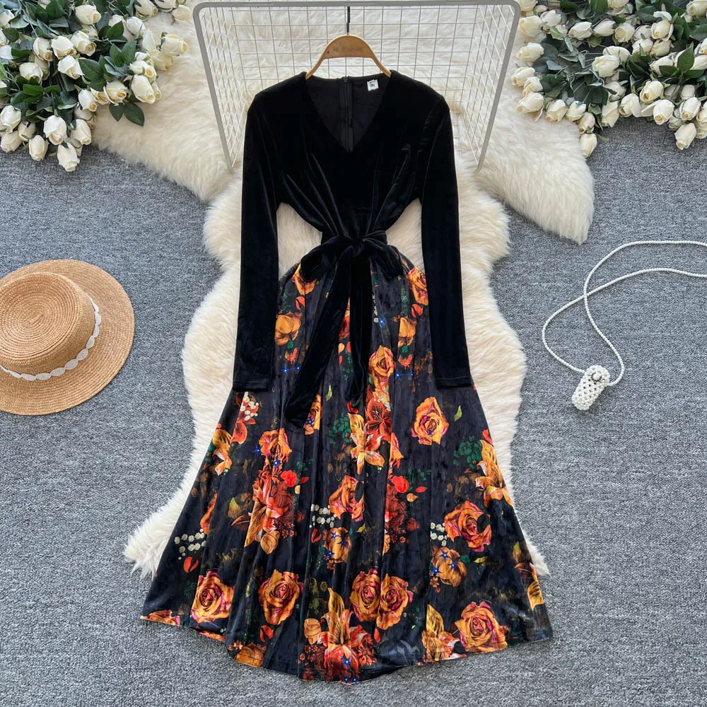 Sukienki patchworkowe damskie, sukienka z rozkloszowanym dołem, wzór w kwiaty, szarfy, linia A, długi rękaw, dekolt pół-V, długość do kostek, zamek błyskawiczny, luźna, elegancka, jesień 2025