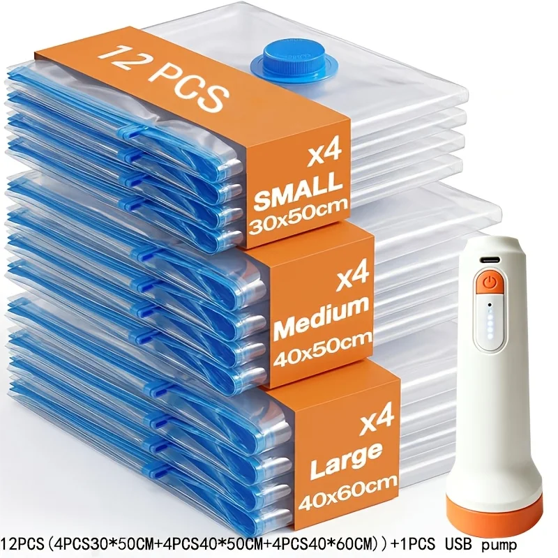 12 Vacuum Storage Bags (4x40x60cm, 4x40x50cm, 4x30x50cm) with Electric Pump, Space Saver Bags for Clothes and Bedding