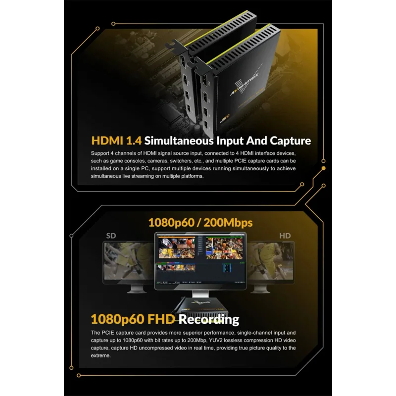 بطاقة التقاط فيديو AVMATRIX VC42 غير مضغوطة ذات 4 قنوات HDMI PCIE للبث المباشر OBS/Potplayer/XSplit/vMix
