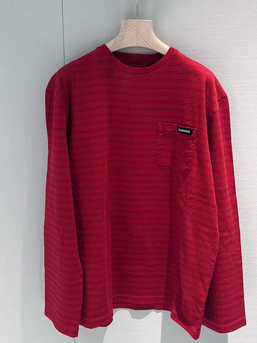 Y Miu New Year Red Long Sleeve Pure Cotton Crew Neck T-Shirt Lazy Style Women Spring New Loose Fit Stripe Pattern Logo Design