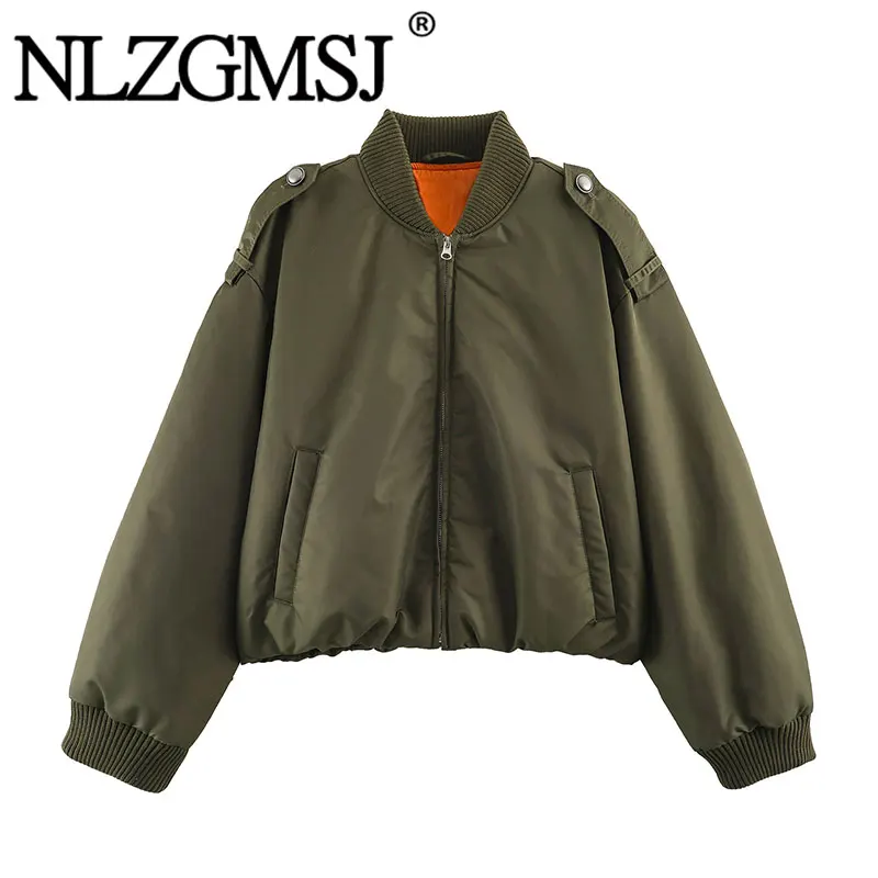 Nlzgmsj 2026  Autumn Winter Women Cropped Bomber Jacket Zipper Stand Collar Shoulder Strap Design Thick Padded Outerwear Coat
