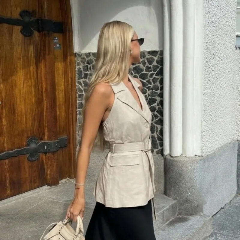 Women 2026 Summer New Hot Selling Design Workwear Khaki Cotton Linen Belted Vest Top Elegant Commute Versatile Trendy Chic Daily
